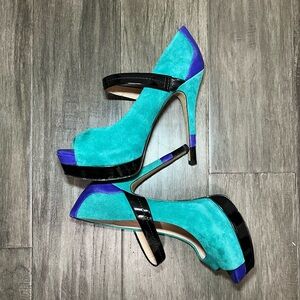 SOLD Jessica Simpson Ely Jungle Green/Purple Kidsuede Mary Jane Platform Heels